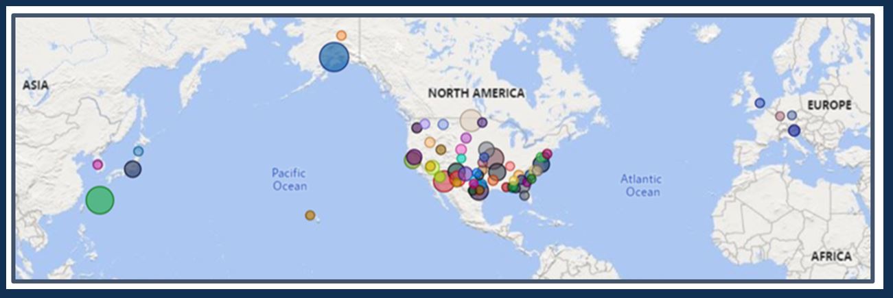 Image of map depicting placement of DAF True North support across the globe. 